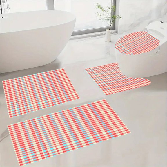 4-piece Set Bathroom Accessories ,Cute Light Red Mint Pale Gingham Check Soft Pastel Seamless Print Long Runner Bath Rug Set