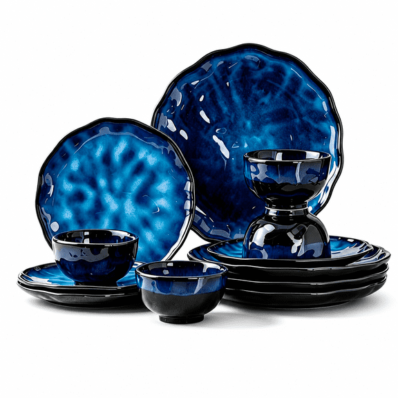 4-piece Set Ceramic Active Glaze Plate And Bowlwave Dishwasherpatible Tableware Shatterproof Scratch Resistant Dinner Irregular Edge Design Blue