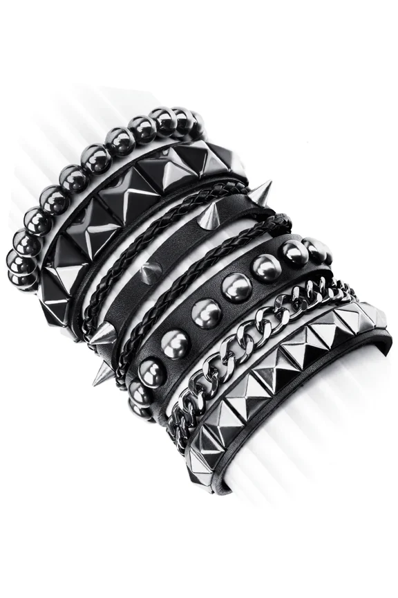 4 piece Set Punk Style Multi-Layer PU Leather Rivet Spike Cuff Bracelet