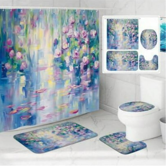 4-piece Set of Blue and Gold Mosaic Shower Curtain Set Sunny Day Happy Colorful Shower Curtain