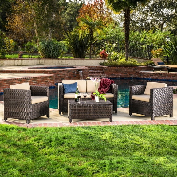 4-piece Sofa Set with Polyester Cushions / Enjoy Outdoor Leisure Time