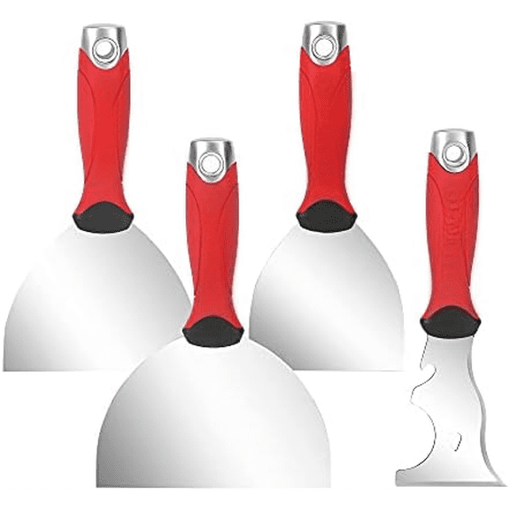 4-piece Stainless Steel Joint Knife Set, 3-piece 4'', 5'', 6'' Putty Knives and 9-in-1 Multi-Tool Painter Scraper, Soft Handle with Hammer End, for Drywall$$Tools & Hardware Other