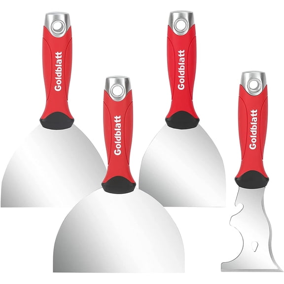 4-piece Stainless Steel Joint Knife Set, 3-piece 4'', 5'', 6'' Putty Knives and 9-in-1 Multi-Tool Painter Scraper, Soft Handle with Hammer End, for Drywall