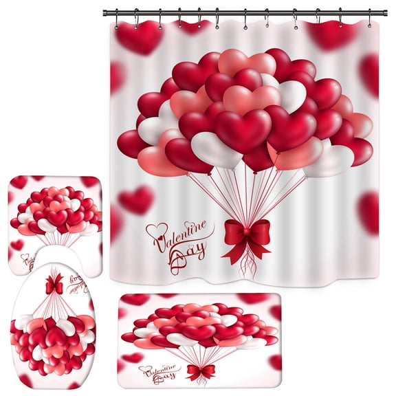 4-piece Valentine\'s Day Shower Curtain Set with Carpet, Non-slip Carpet, Toilet Cover, Bath Mat, 3D Romantic Red Rose Shower Curtain with 12 Bathroom Hooks