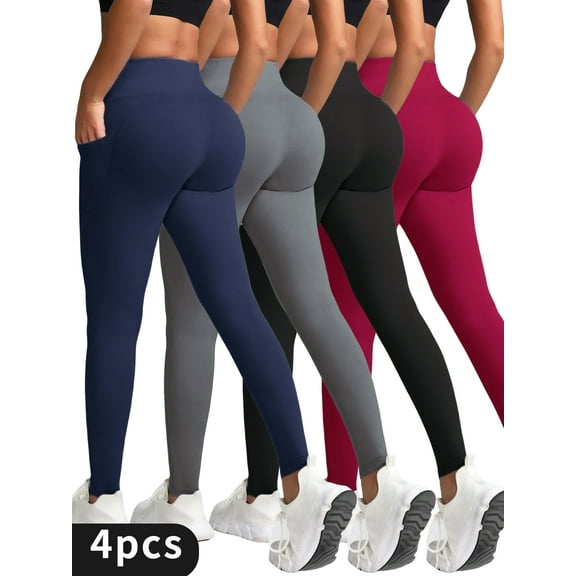 4-piece high-waisted solid women's yoga pants, comfortable and close-fitting, high elasticity for sports and leisure, suitable for large size
