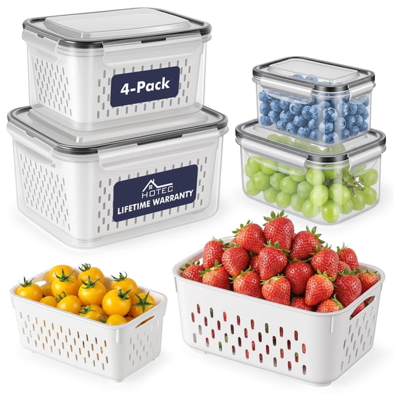 4-piece large fruit storage container for refrigerator leak-proof, with removable colander, BPA-free dishwasher and microwave safe maximum 3.15L