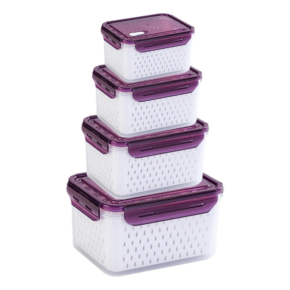 4-piece multifunctional food storage box, with sealed lid box and drain basket, suitable for refrigerator, fruit and vegetable storage, reusable