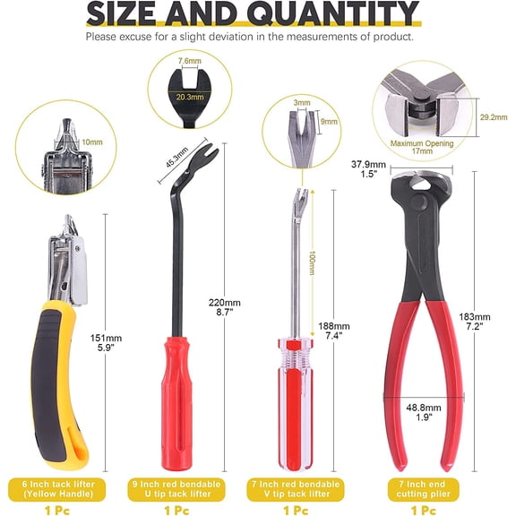 4-piece nail puller and staple remover tool set, 7-inch end cutting pliers, wrecking bar, nail puller, fastener remover for furniture, floors, walls, cars and picture frames