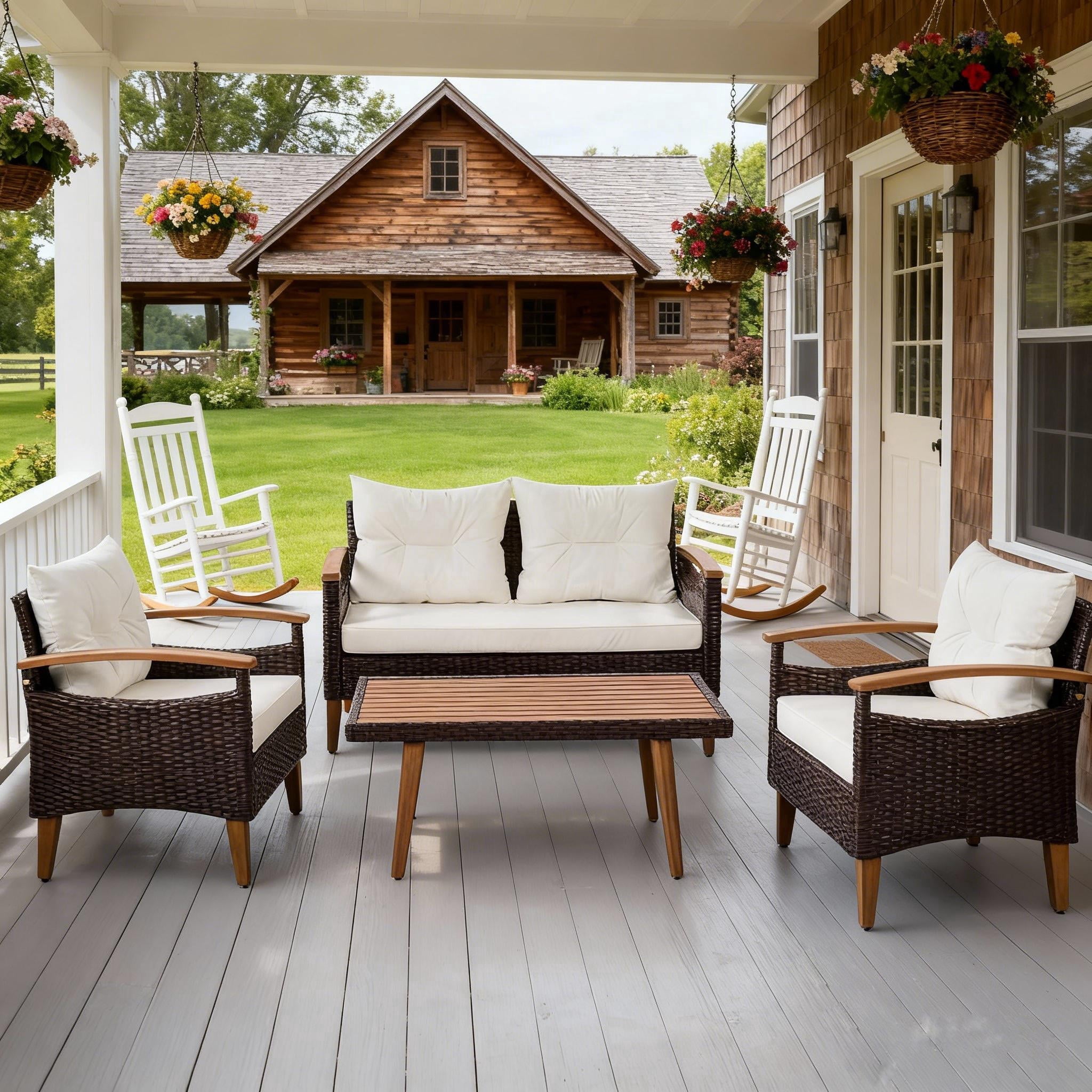 4 piece outdoor patio furniture set, PE rattan sofa and chair set with