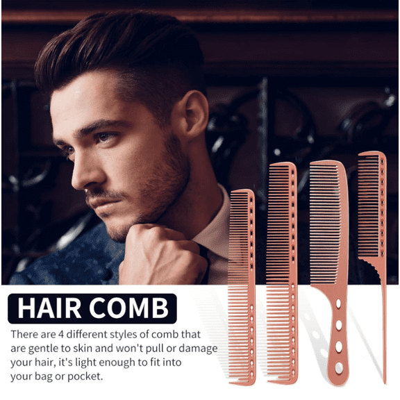 4-piece professional barber aluminum comb set, suitable for combing hair, cutting hair and styling: long/short hair comb, handle and tail comb
