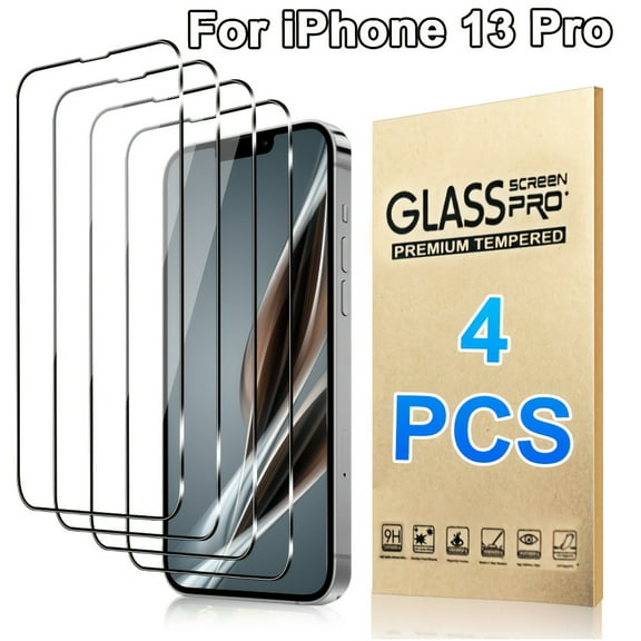 4-piece screen protector, suitable for iPhone 13 Pro, shatter resistant tempered glass [easy to install] [high-definition transparent] [protective case friendly], no bubbles