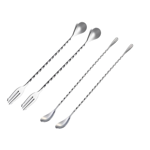 COREBAY 4-Piece 12-Inch Long Handled Stainless Steel Double-Headed Cocktail Spoon and Fork, 2 Drop-Shaped & 2 Trident-Shaped Mixing Spoons, Silver.