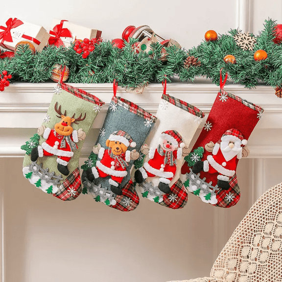 4-piece set: Large Linen Christmas Stockings, Gift Candy Bags, Wall Decor - Festive Holiday Essentials for Joyful Celebrations