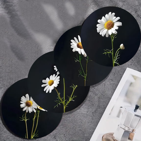 4-piece set of flower-patterned art coasters, anti-slip woodcoasters, suitable for living rooms, offices, bars and restaurants