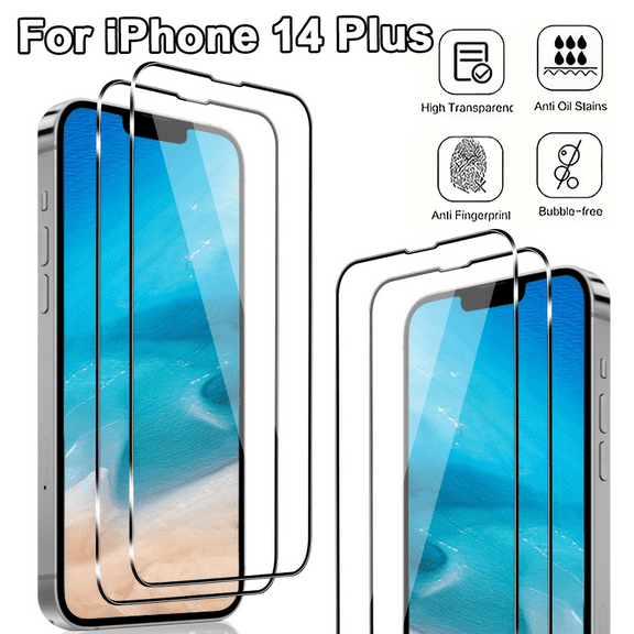4-piece set suitable for iPhone 14 Plus 6.7-inch high-definition tempered glass screen protector, high-definition transparent, bubble free, anti drop, easy to install