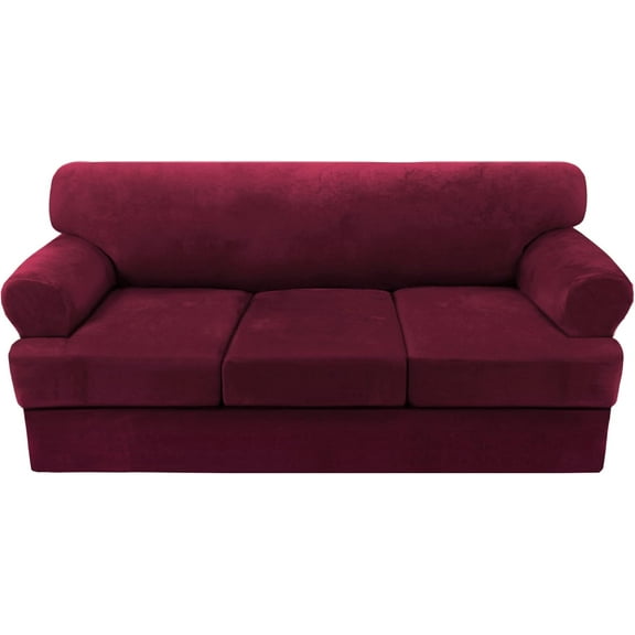 4-piece sofa cover set, T-shaped cushion sofa cover, thick velvet sofa cover, furniture protector, stretch sofa cover, suitable for 3-cushion sofa, with 3 separate T-shaped cushion covers, washable