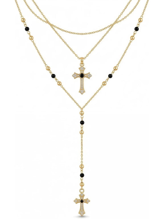 4-piece women's fashion stackable gold cross necklace set, Bohemian style beaded Y-shaped long pendant necklace set, vintage rosary necklace stackable adjustable length