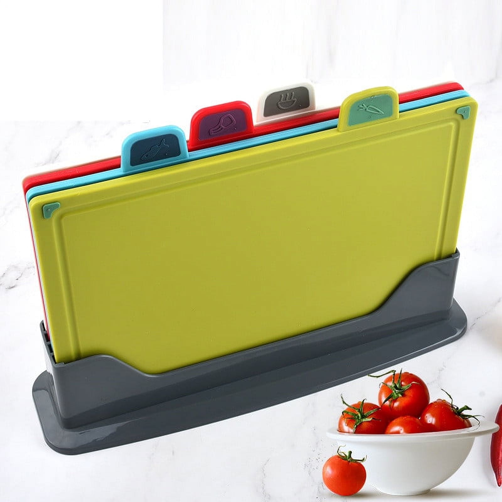 4 pieces Color-Coded Thick Plastic Cutting Board Mats, Set of 4, Color Coded with Food Icons, Back Grip Underside by Topboutique