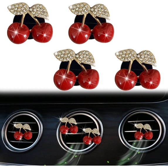 4 pieces of cherry car vent freshener clips, crystal stone car vent perfume clips, shiny cute accessories decoration, women's items, air freshener, decoration (random fragrance)