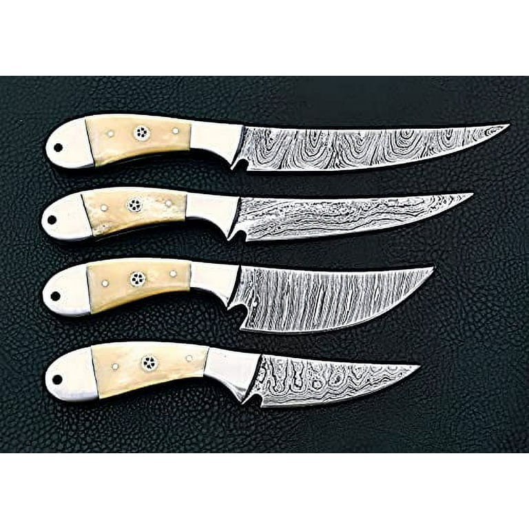 4 pieces meat slicing knife set, 40 inches long hand forged twist pattern  Damascus steel blade, Natural Camel bone scale with steel bolsters,  includes leather travel bag 
