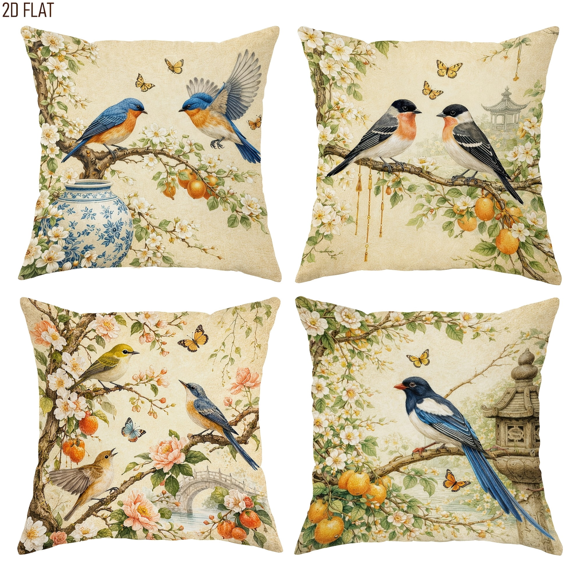 4 Pieces Spring Flower Retro Bird Pillow Cover Beige Color Scheme 4-pieces-spring-flower-retro-bird-pillow-cover-beige-color-scheme