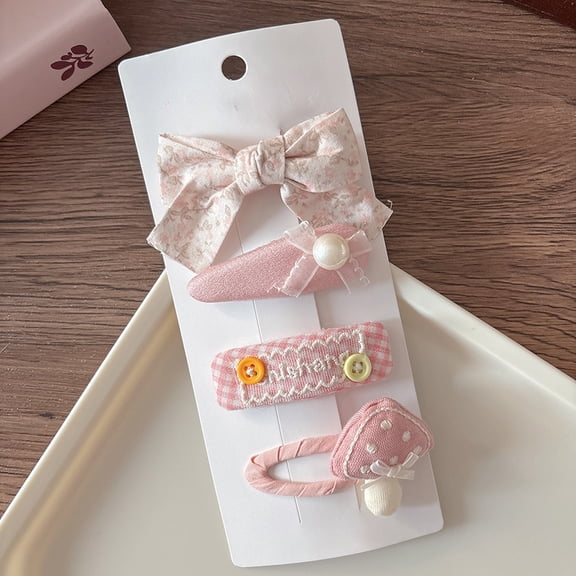 4 pink-toned sweet and versatile fabric bows, girly bangs hair clips, side BB clips for girls