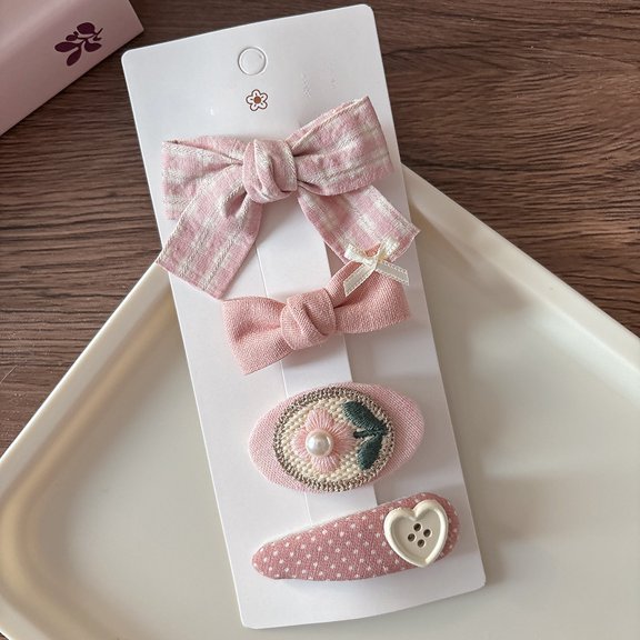 4 pink-toned sweet and versatile fabric bows, girly bangs hair clips, side BB clips for girls
