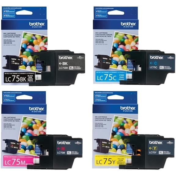 4-pk Brother LC75 Black, Cyan, Magenta, Yellow Genuine High Yield  Printer Ink Cartridges OEM for MFC-J280W, MFC-J425W, MFC-J430W Printers (Sold Without Manufacturer Warranty) Packaging May Vary
