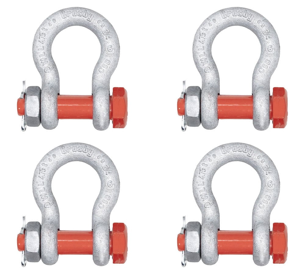 4 pk Crosby G-2130 3/4" Anchor Shackle Carbon Steel w/Safety Screw Pin 10,470 lbs WLL, Galvanized Heavy Duty D Ring Bolt Type Shackle for Towing, Rigging & Vehicle Recovery, 1019515