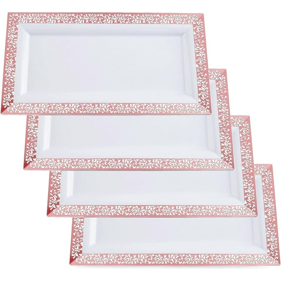 Yumchikel Serving Trays, Rose Gold Lace Rim, 14" x 7.5", 4-Pack