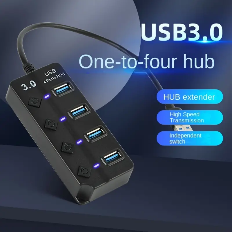 Compact 4-Port USB 3.0 Hub with Fast Data Transfer, Easy Power Button ...