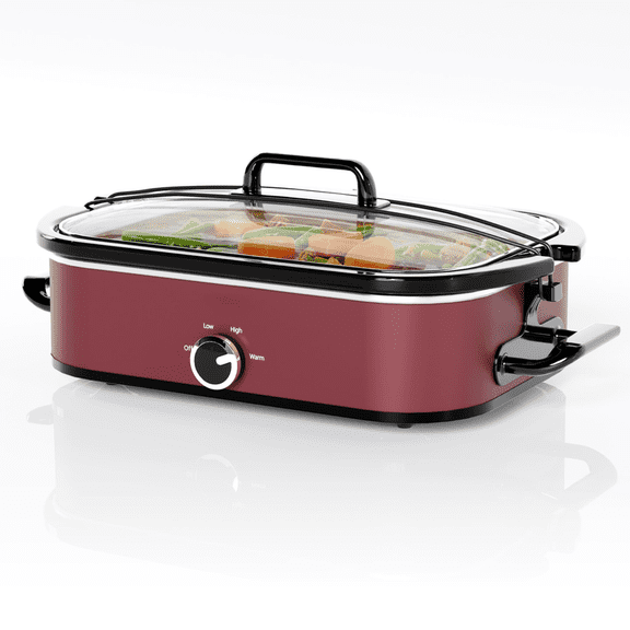 4 qt Red Rectangle Manual Slow Cooker with Ceramic Inner Pot for Family Diet, Dishwasher Safe