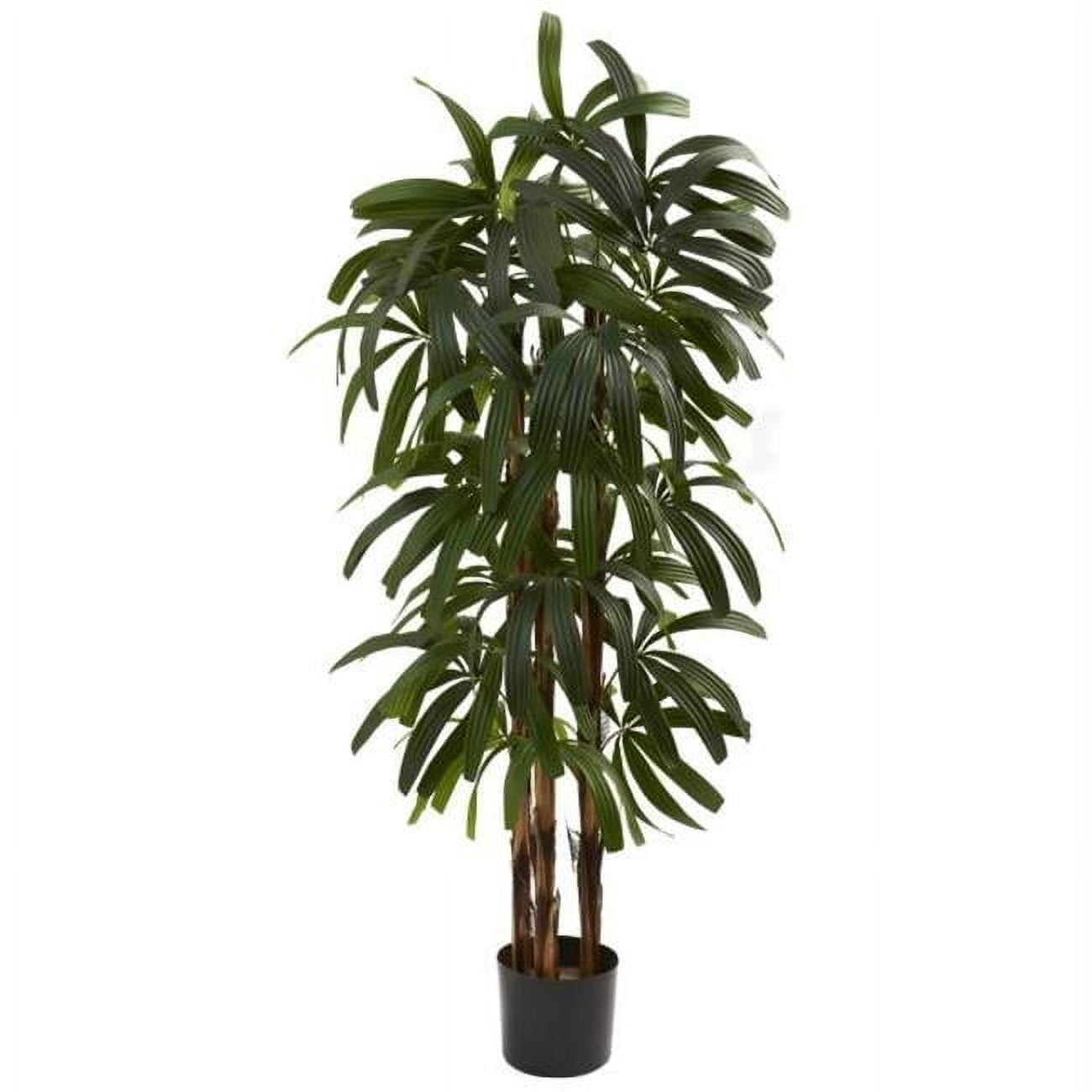 Tall Green Plastic Palm Floor Plant in Black Pot
