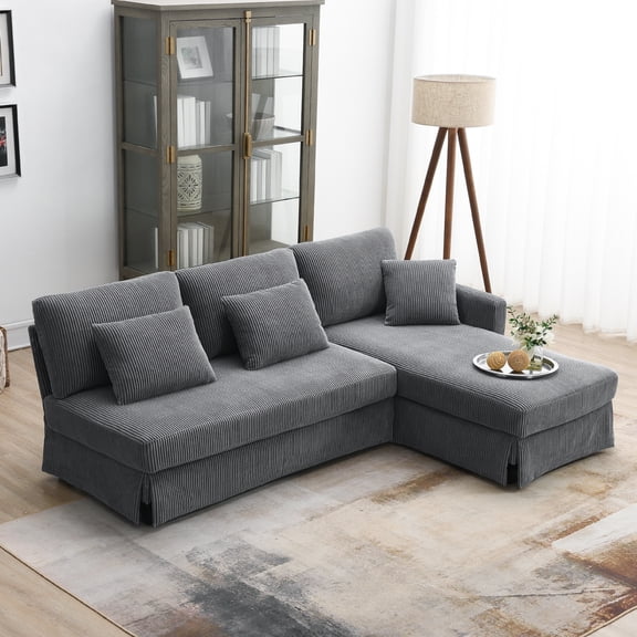 Modern L-shaped Corduroy Sofa with Reversible Chaise,4-seat Upholstered Sectional Indoor Furniture,Convertible Sleeper Couch with Pillows for Living Room,Apartment