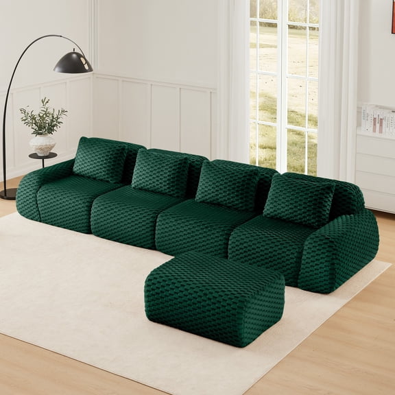 4-seater 146" Modern L-Shaped Modular Sectional Sofa for Living Room,Flannelette Fabric,Oversized 4-Seater Couch,Boneless Sofavable Ottoman,Buckle Connection,Anti-slip Design,No Assembly (Green)
