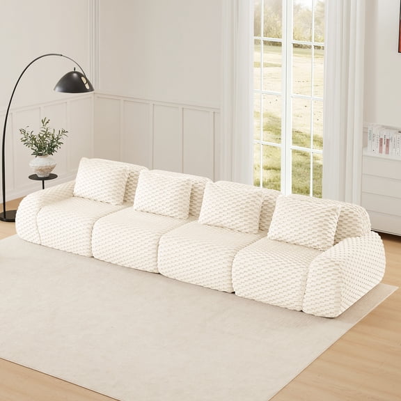 4-seater 146" Modern Modular Sectional Sofa for Living Room,Flannelette Fabric,Oversized 4-Seater Couch,Boneless Sofa,Deep Seat,Buckle Connection,Anti-slip Design,No Assembly (White)