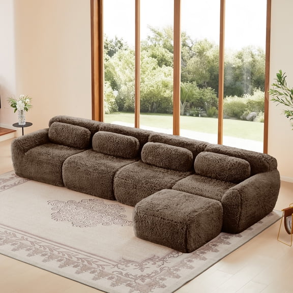 4-seater L-shaped Soft and Fluffy Plush Fabric,Modular Sectional Sofa,32D High Density Sponge Bottom Anti-Slip Design,Free Combination Buckle Connection,No Assembly Required for Bedroom (Chocolate)