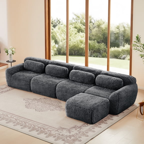4-seater L-shaped Soft and Fluffy Plush Fabric,Modular Sectional Sofa Couches,32D High Density Sponge Bottom Anti-Slip Design,Free Combination Buckle Connection,No Assembly Required for Bedroom(Gray)