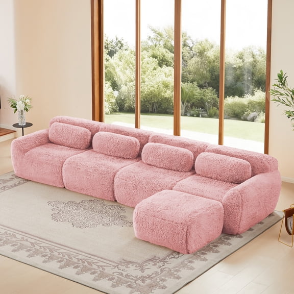 4-seater L-shaped Soft and Fluffy Plush Fabric,Modular Sectional Sofa Couches,32D High Density Sponge Bottom Anti-Slip Design,Free Combination Buckle Connection,No Assembly Required for Bedroom(Pink)