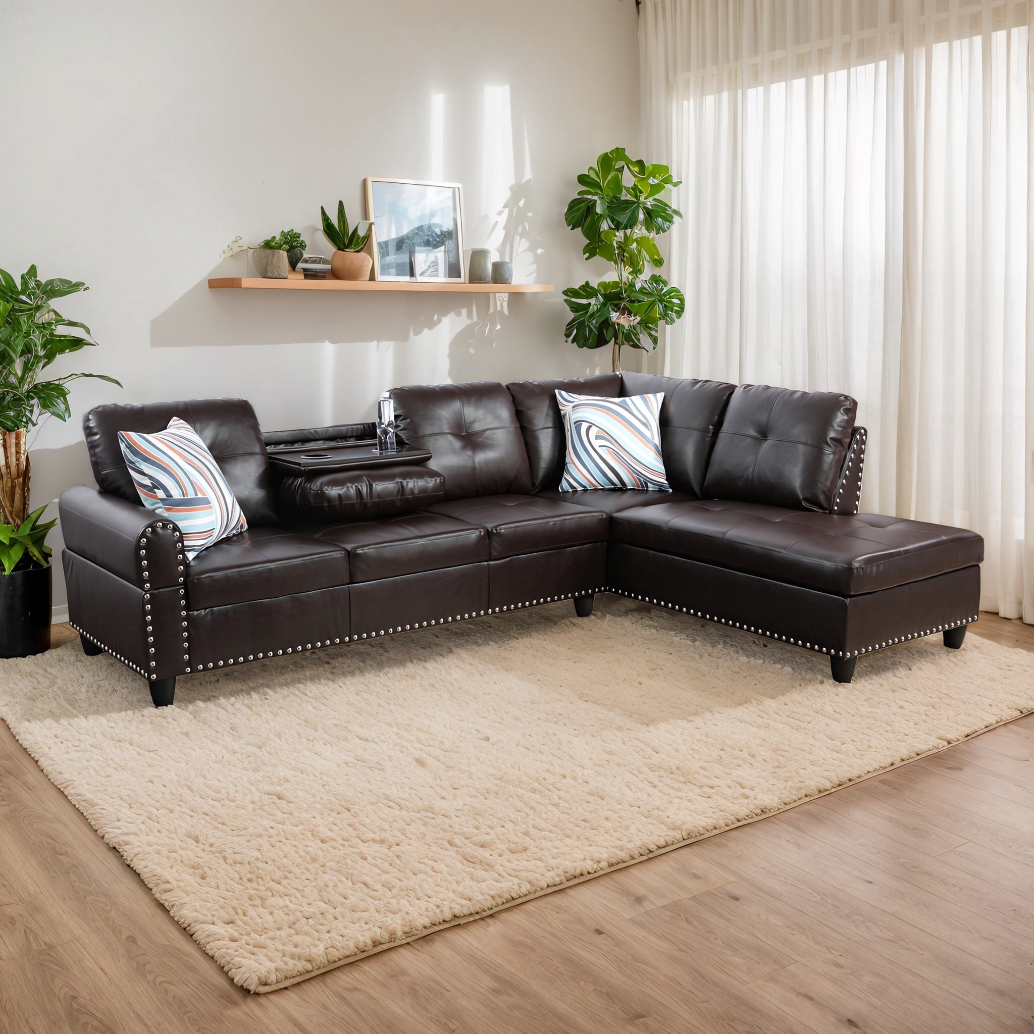 4-seater L-shaped sofawith 90° Swivel Cup Holders, apartment, living room, and office sofa(Includes 2 Pillows)
