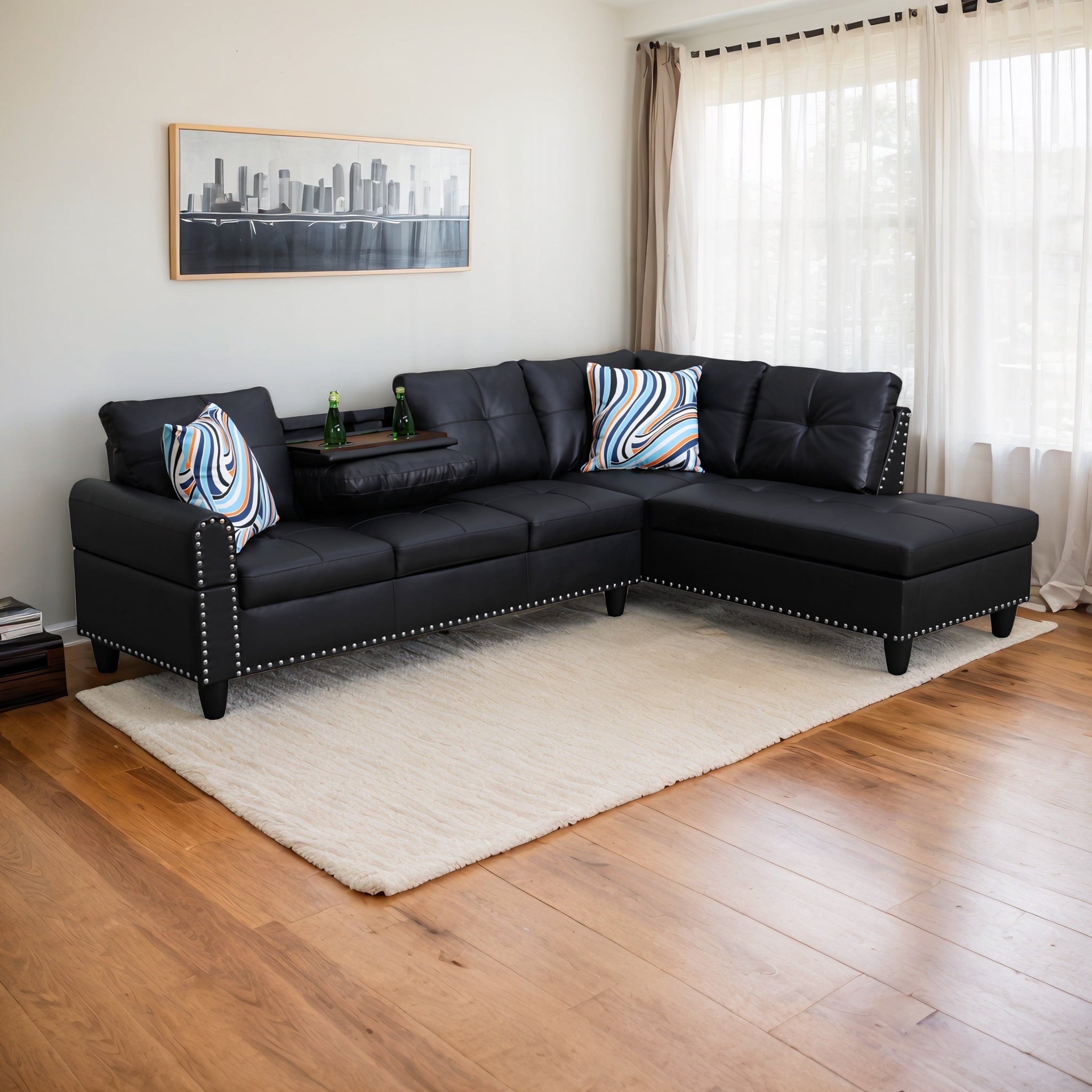 [SquarePulse]4-seater L-shaped sofawith 90° Swivel Cup Holders, apartment, living room, and office sofa(Includes 2 Pillows)