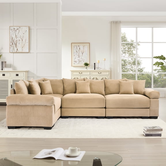 4-seater Oversized Cloud Modular Sectional Couch,Convertible Sectional Deep Seat Extra-Wide Armrests,12 Throw Pillows Premium Corduroy Fabric, Ergonomic Design,Easy Assembly for Living Rooms (Camel)