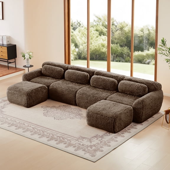 4-seater U-shaped Boneless Sofa 32D High Density Sponge Bottom Anti-Slip Design,No Assembly Required Ergonomic Design,Free Combination Full-compression Vacuum Packaging for Living Rooms (Chocolate)