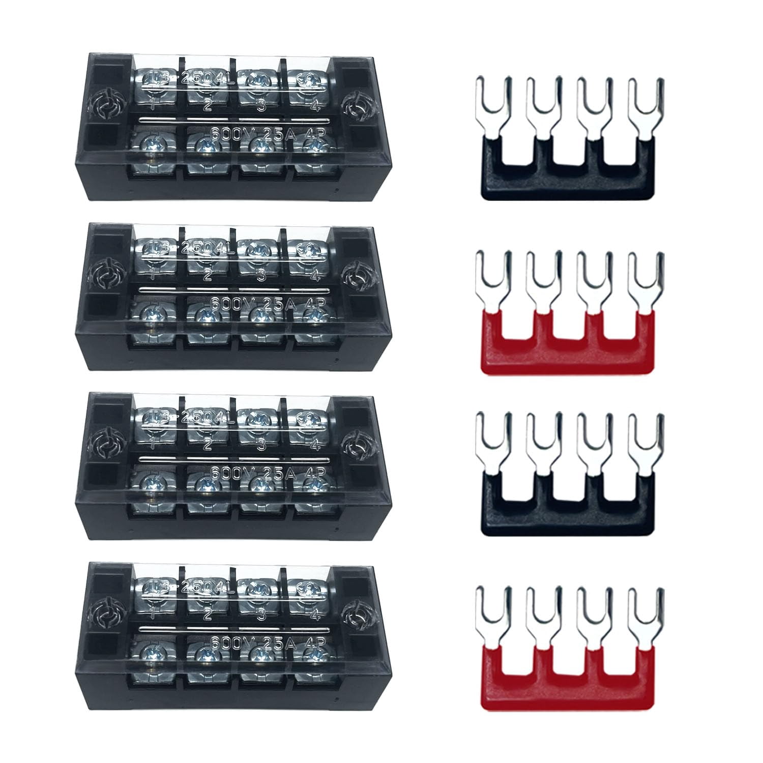 4 sets 4 position 60025 terminal block grounding circuit dual row bus bar line screw terminal block kit with cover, 600 pre-insulated terminal strip 004-2504