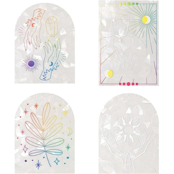 4 sets 4 style Waterproof PVC Window Film Adhesive Stickers Electrostatic Window Stickers Arch Shape Leaf Pattern Sun Pattern and Cat Pattern Colorful 14.8~14.9x11.1cm 1set/style