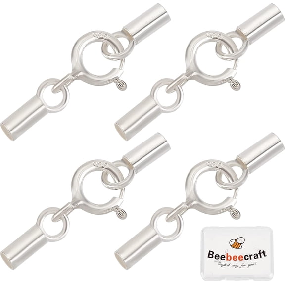 4 sets 925 Sterling Silver Spring Ring Clasps with Cord Ends Silver 18mm Inner Size: 1.4mm