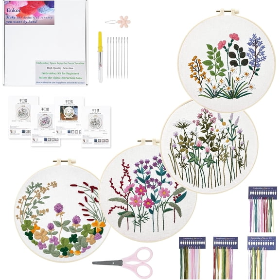 4 sets Embroidery Kit for Beginners Adults-Cross Stitch Kits for Beginner Easy to Learn Stitches from Instruction Video Needlepoint Kits Floral Stamped Embroidery Pattern-Flowers F4