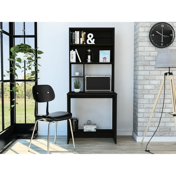 4-shelf Desk With In Black - Modern, Efficient For Office Use Computer Elegant, Modern Workspace Furnishing