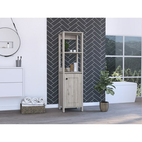 4-shelf Linen Cabinet, Grey - 2 Open & Internal Shelves, 1 Door, Made Of Manufactured Wood For Media Room Particle Board Storage Unit