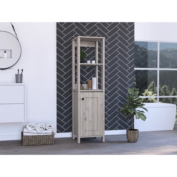 4-shelf Linen Cabinet Grey - 2 Open & Internal Shelves, 1 Door, Made Of Particle Board For Garage Storage Area In